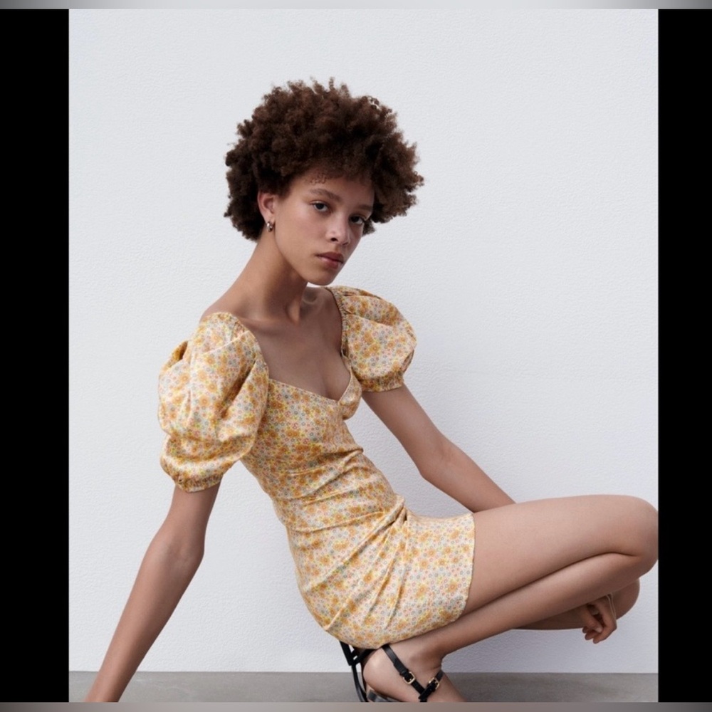 Zara Satin Effect Floral Printed Puff Sleeve Mini Dress Sz Medium - Picture 9 of 12